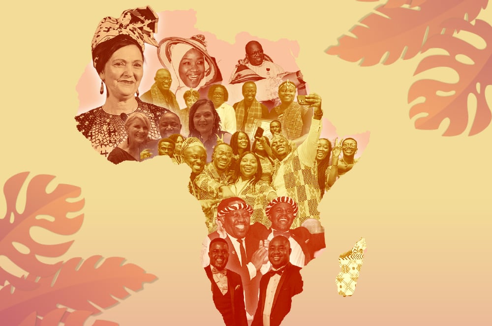 A collage of diverse human faces, both individual and in groups, set against a warm, tropical-inspired background with lush foliage.