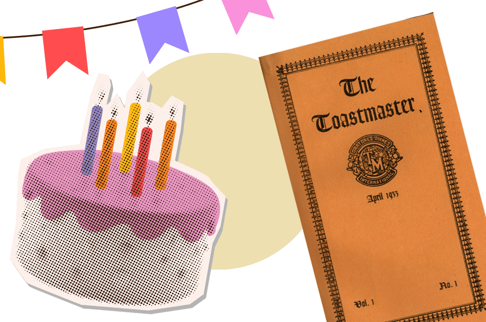 A colorful birthday cake with lit candles and a book titled "The Toastmaster" against a backdrop of festive party decorations.