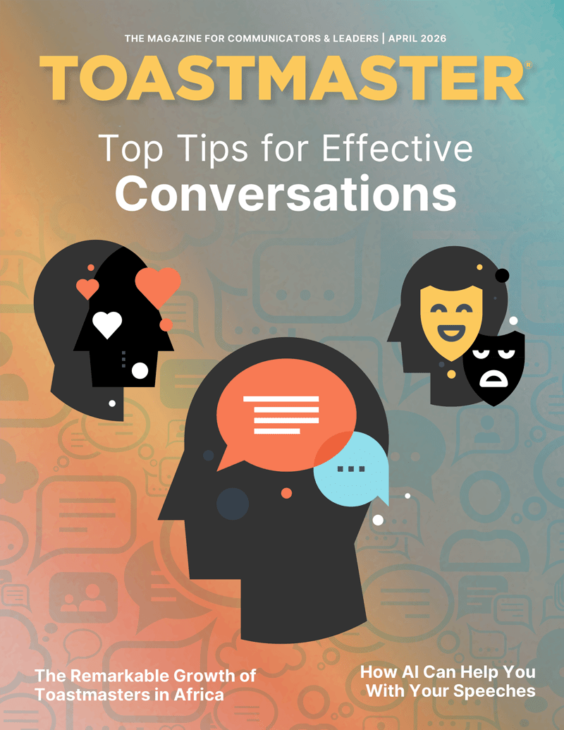 The cover of the Toastmaster magazine features illustrations of human heads in profile, with speech bubbles and various icons, against a colorful abstract background.