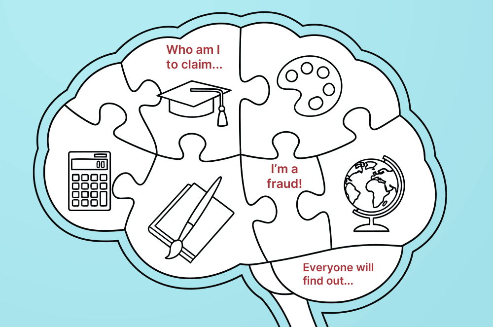 The image depicts a brain-shaped puzzle with various icons representing different aspects of identity, including a graduation cap, a calculator, a paintbrush, and a globe, along with text posing the question "Who am I to claim..." and suggesting that "Everyone will find out..."