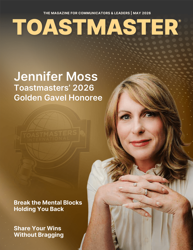 The image features a woman with blonde hair and a warm smile on the cover of the Toastmaster magazine, with the title "Jennifer Moss Toastmasters' 2026 Golden Gavel Honoree" prominently displayed.