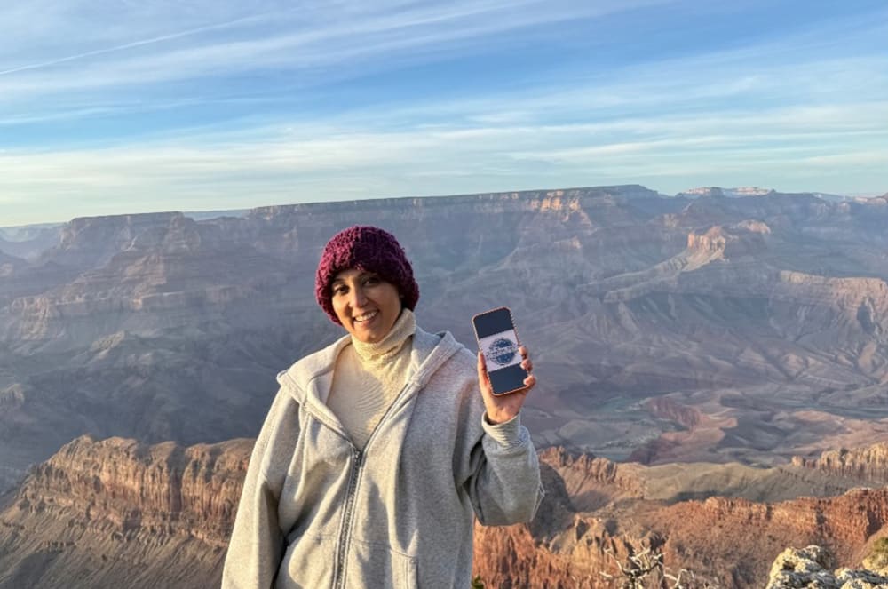A person wearing a gray coat and a red hat is holding a smartphone and standing in front of a vast, scenic landscape with towering cliffs and a clear sky.