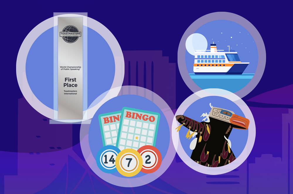 A silver trophy for first place is in the foreground, with bingo cards, a ferry, and a Native American headdress in circular frames against a city skyline background.