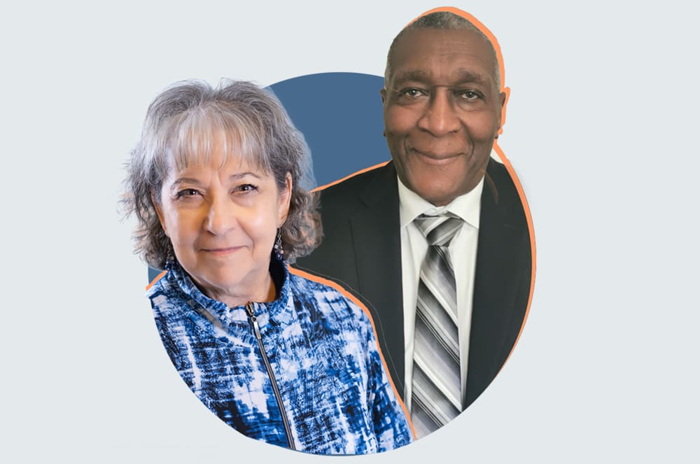 A woman with gray hair and a blue and white jacket is in the foreground, while a man in a suit and tie is in the background, both against a circular, abstract backdrop.