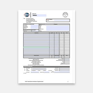 A white invoice with a blue and white logo at the top left is presented against a light gray background.