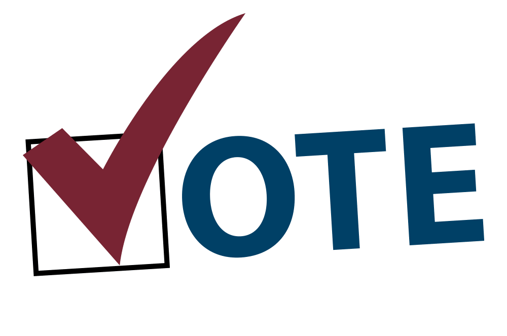A maroon checkmark in a black square is in the foreground, with the word "VOTE" in blue letters in the background against a white backdrop.