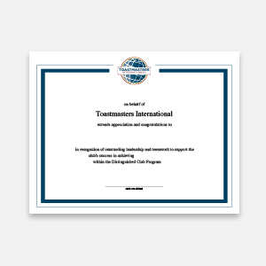A certificate from Toastmasters International, with a blue border and a globe logo at the top, is presented against a plain white background.