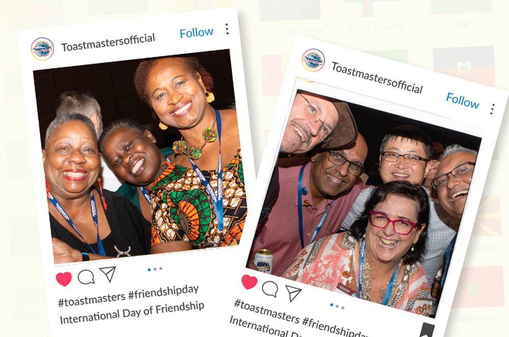 Two Instagram posts featuring smiling groups of people are overlaid on a background of flags.