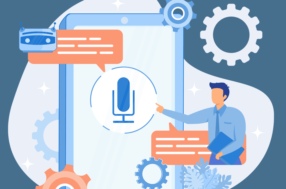 A man interacts with a smartphone displaying a microphone icon and chat bubbles, surrounded by gears and abstract shapes.