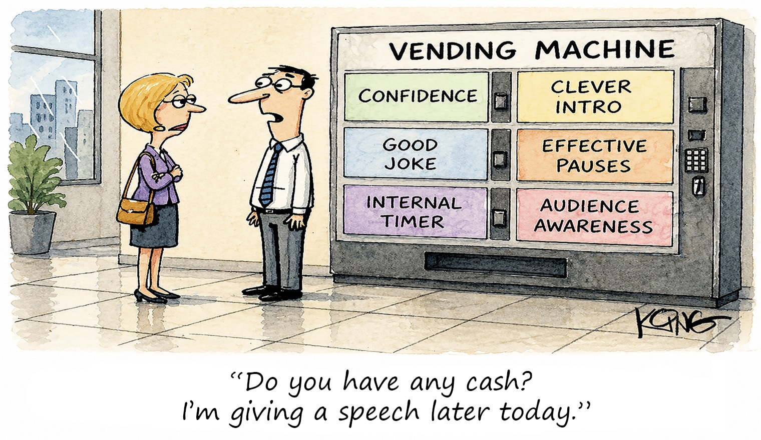 A man and woman stand before a vending machine offering speech-related qualities, with the man asking for cash to purchase them for his upcoming speech.