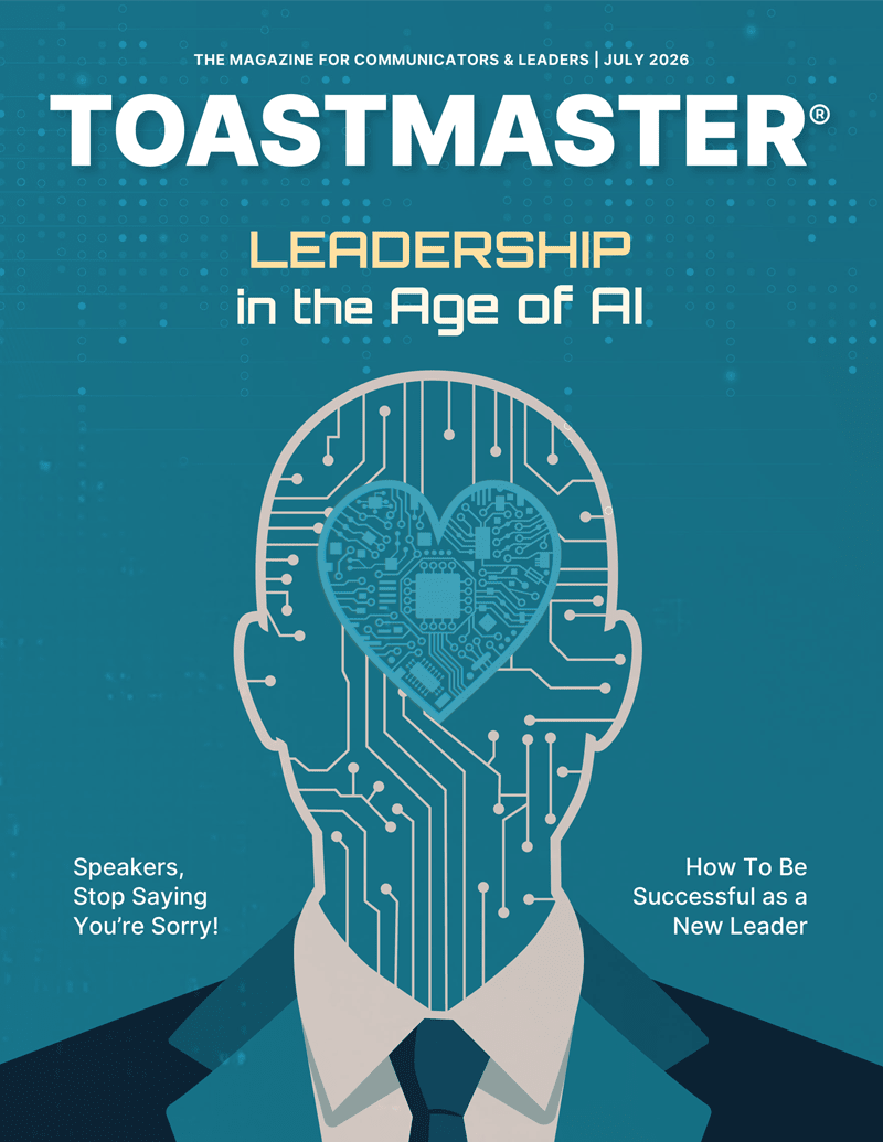 A stylized head with a circuit board heart in the background is featured on the cover of Toastmaster magazine, which has the title "Leadership in the Age of AI" and articles about public speaking and new leadership.