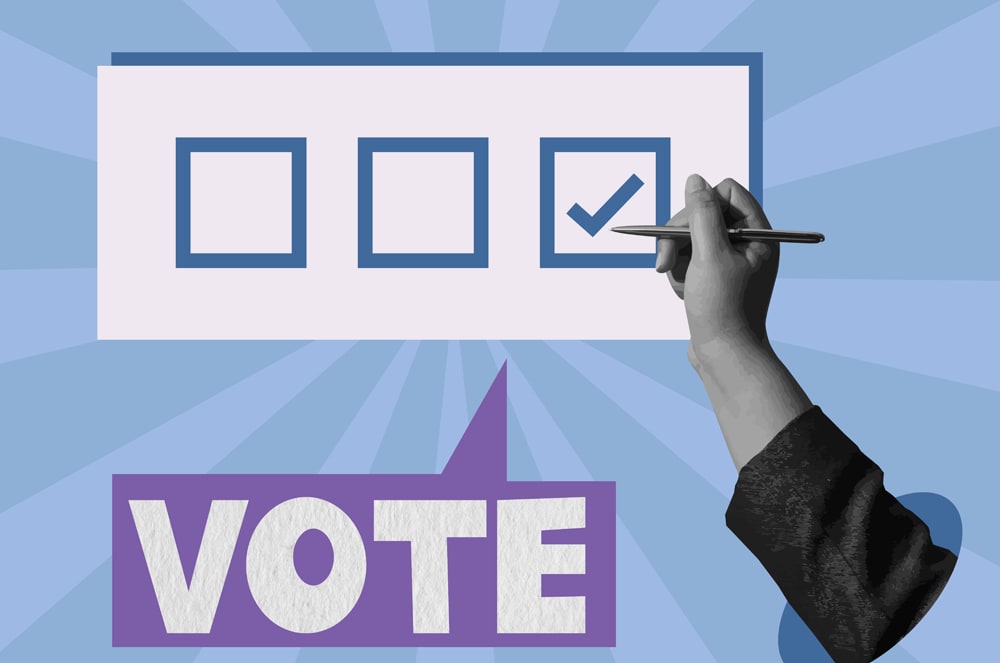 A hand with a pen marks a check in a box on a ballot in the foreground, with a purple "VOTE" speech bubble below and a blue, sunburst-patterned background.