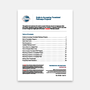 A white document with a blue and red logo at the top left, a title "Guide to Accessing Translated Pathways Projects," and a table of contents is displayed against a plain white background.