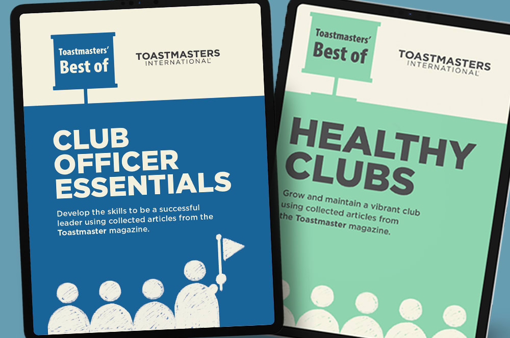 A tablet displaying "Toastmasters Best of Club Officer Essentials" is in the foreground, with several smartphones showing related content in the background.