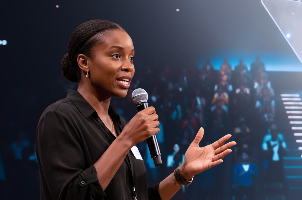 A woman in a pink blazer speaks at a podium with a blurred, bright background.