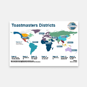 A world map in the background displays Toastmasters Districts in various colors, with a legend and district numbers in the foreground.