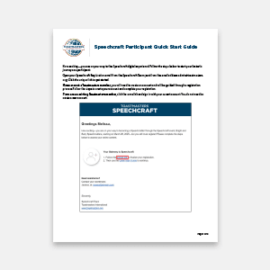 A document titled "Speechcraft Participant Quick Start Guide" is displayed on a white background, with the foreground featuring the document's content and the background being a plain white surface.