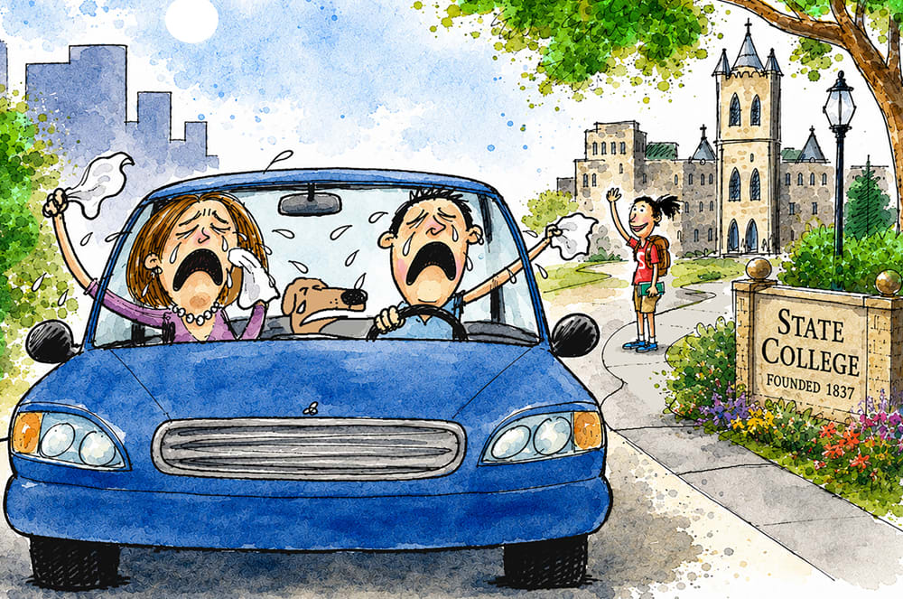 An illustration of two people and a dog crying in a car after dropping a student off at a college