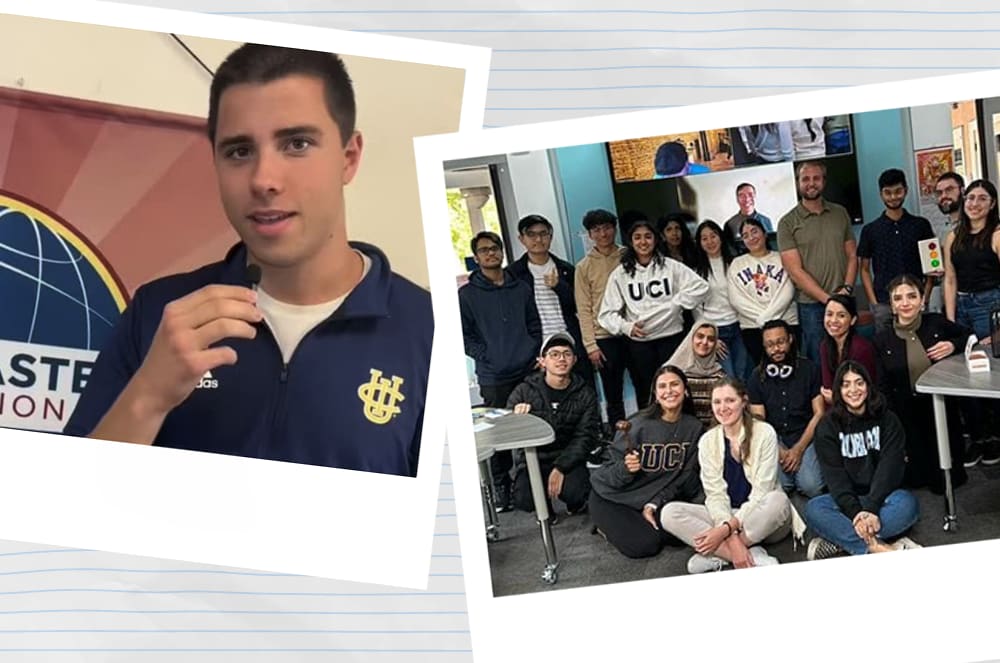 A man speaks into a microphone and stands in front of a Toastmasters International banner and A group of people pose for a photo inside of a classroom
