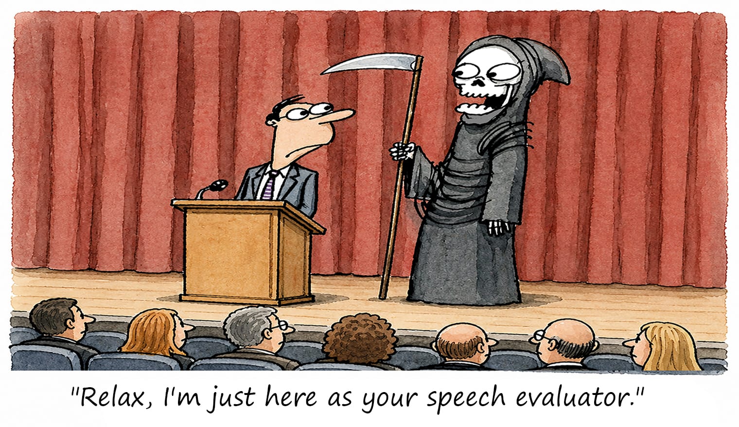 A nervous man in a suit stands at a podium on a stage, facing the Grim Reaper holding a scythe, while an audience watches from the foreground.