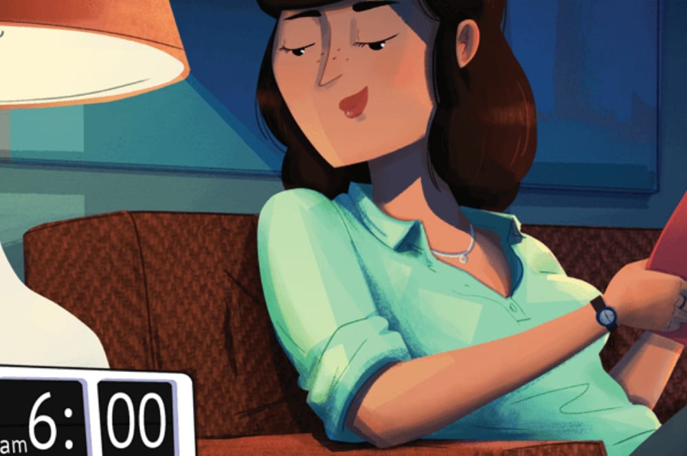 A woman in a teal shirt sits on a brown couch reading a book, with a lamp and an alarm clock displaying 6:00 am in the foreground.