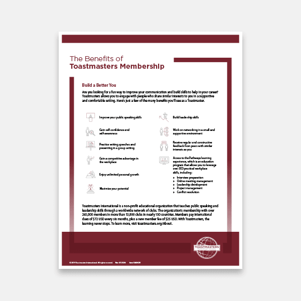A document titled "The Benefits of Toastmasters Membership" with a maroon border and footer is displayed against a white background.