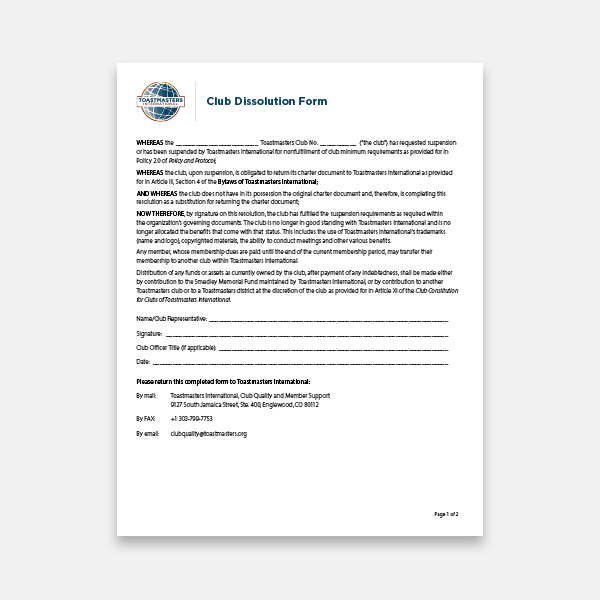 A Club Dissolution Form for Toastmasters International is centered on a plain white background.