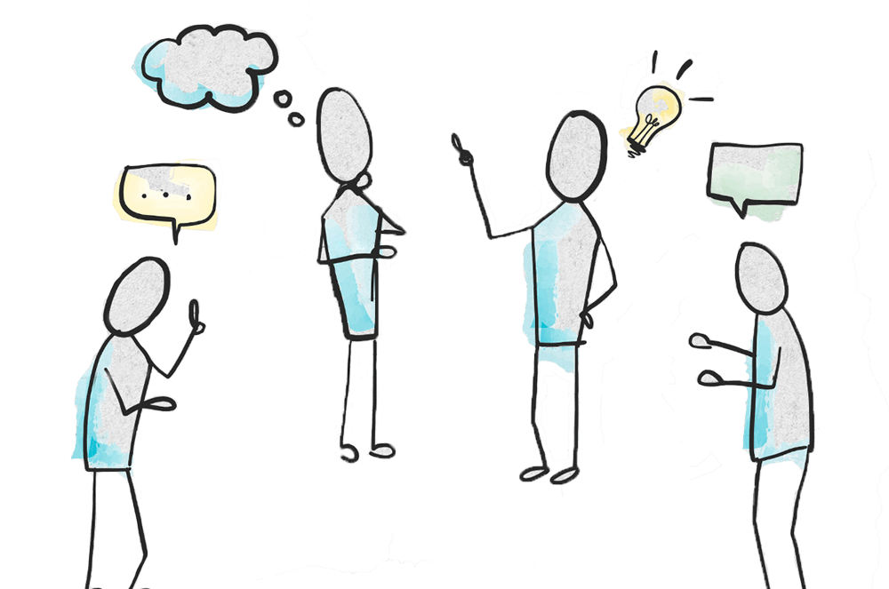 An illustration of two stick figures speaking to each other