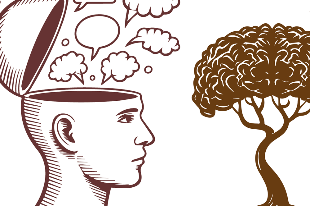 A graphic of thought bubbles and speech bubbles coming out of a person’s head