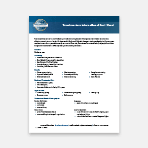A Toastmasters International Fact Sheet document is centered against a plain, light gray background.