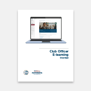 A laptop displaying an e-learning module sits in the foreground against a plain white background with the text "Club Officer E-learning Overview" and a logo below.