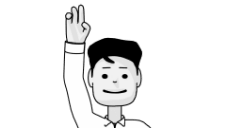 Black and white graphic of a person with short hair smiling and raising their hand.