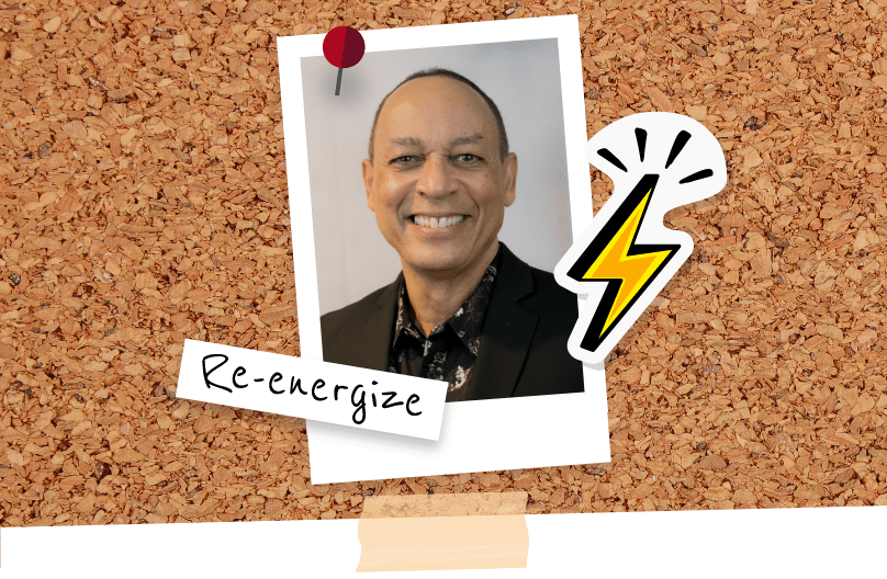 headshot of man smiling flanked by the word “Re-energize” to his left and a lightning bolt sticker to his right