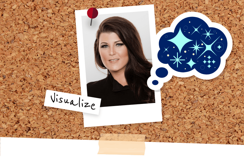 headshot of woman flanked by the word “visualize” to her left and a chat bubble sticker with different stars inside to her right