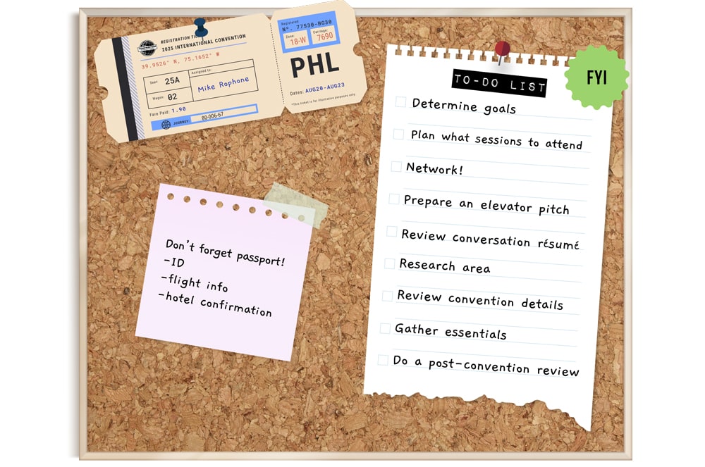 A corkboard with a to-do list and a boarding pass pinned on it