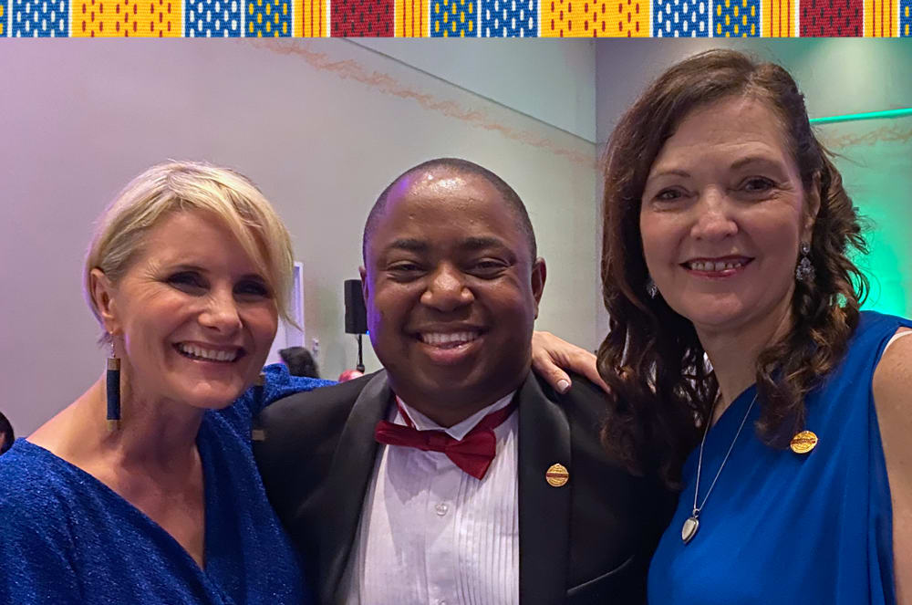 Aletta Rochat with 2021 World Champion of Public Speaking Verity Price and Past International Director Frank Tsur.