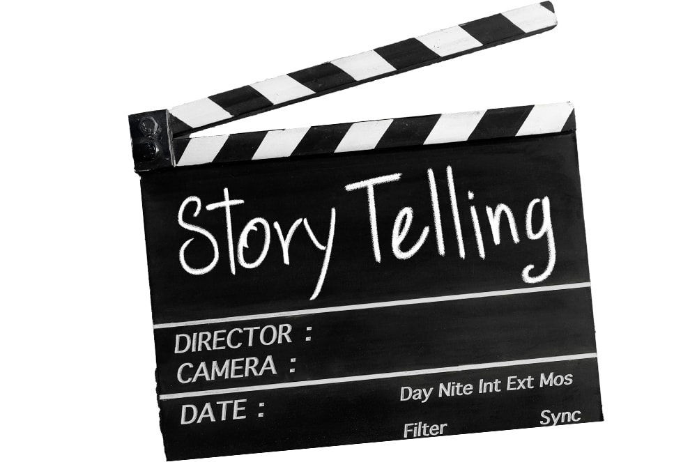 A black and white movie clapperboard with the text