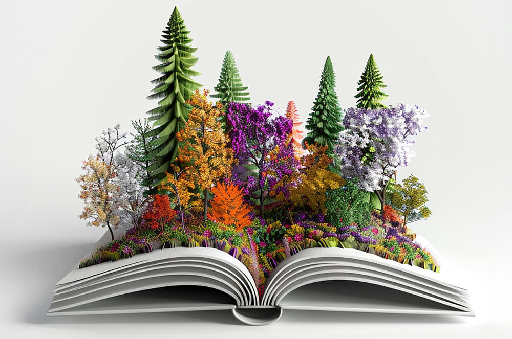 Trees and various plants coming out of an open book
