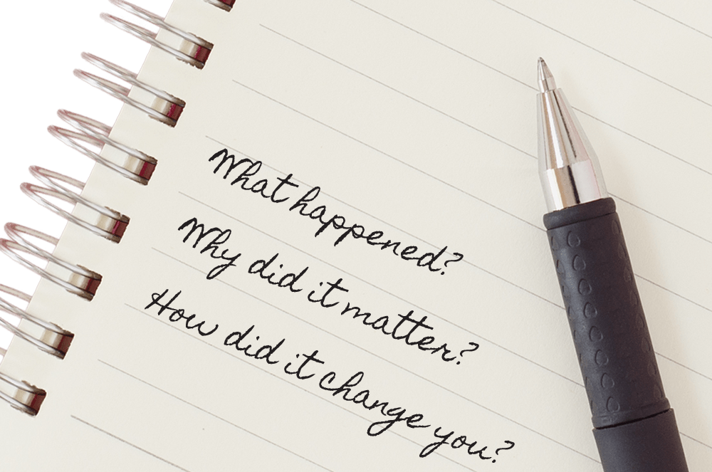 A pen and an open notebook with a list of questions written down on the paper