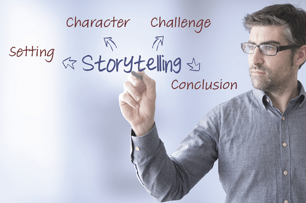 A man writing a storytelling plan on a board