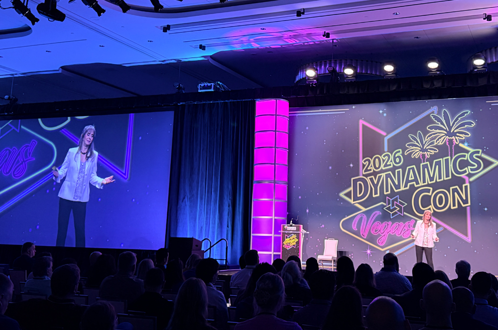 Maureen Zappala, DTM, AS, gives a keynote speech at the 2026 DynamicsCon in Las Vegas, Nevada. Photo credit: Pam Dore