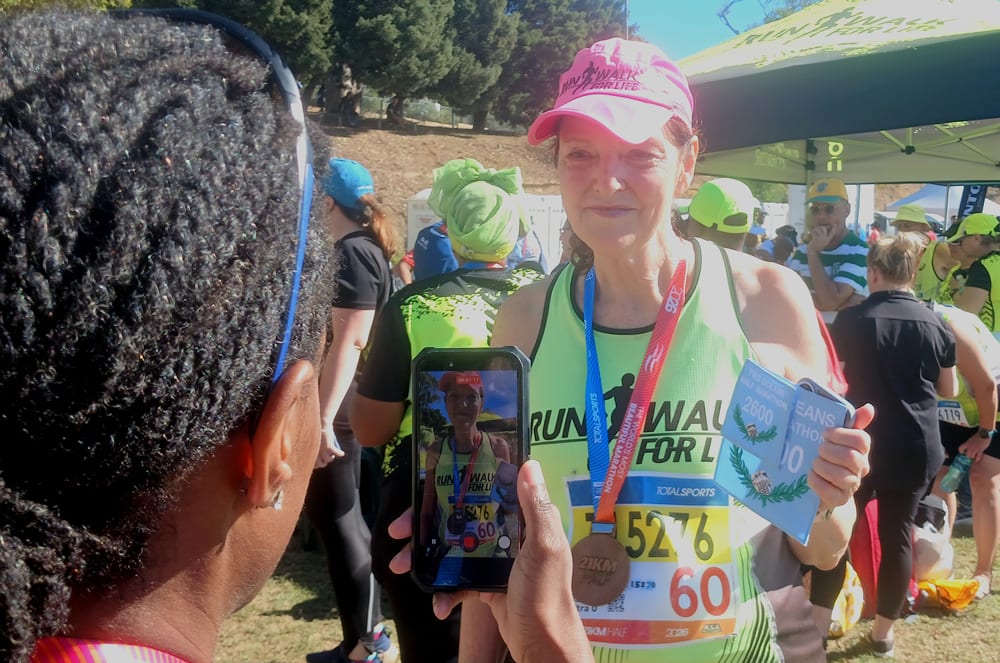 At the Two Oceans Half Marathon in South Africa, where she completed her 10th half-marathon